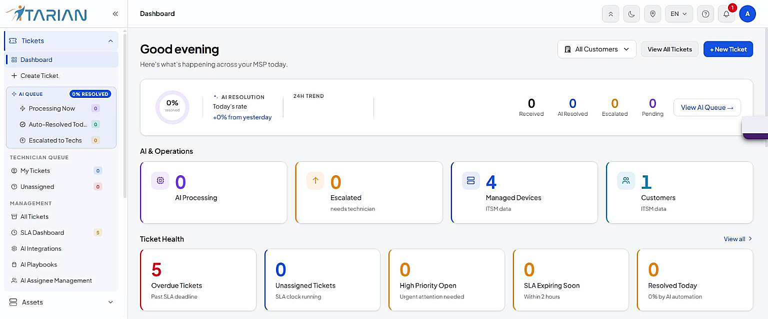 Tickets Dashboard with the left menu expanded