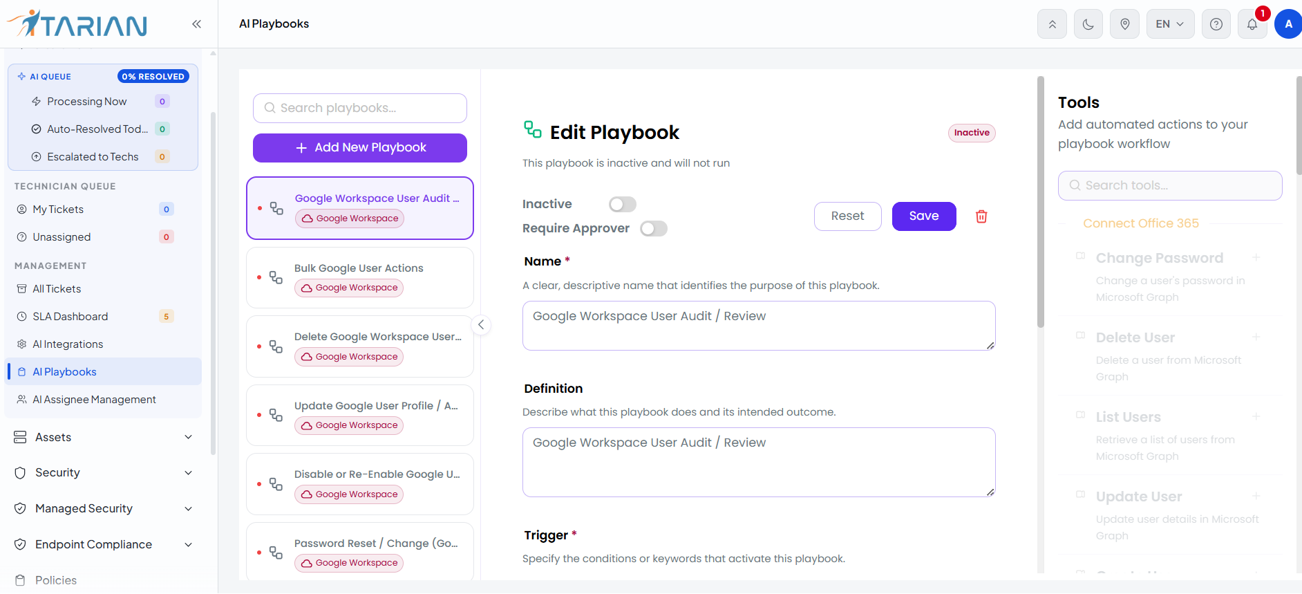 AI Playbooks list with Employee Offboarding open and a Tools panel