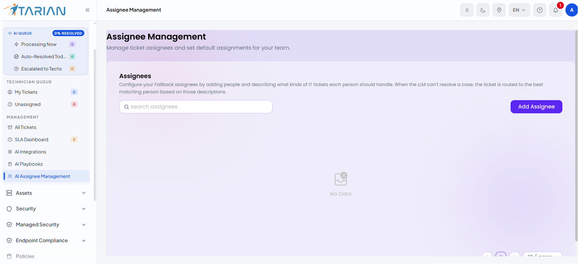 AI Assignee Management page with Add Assignee button