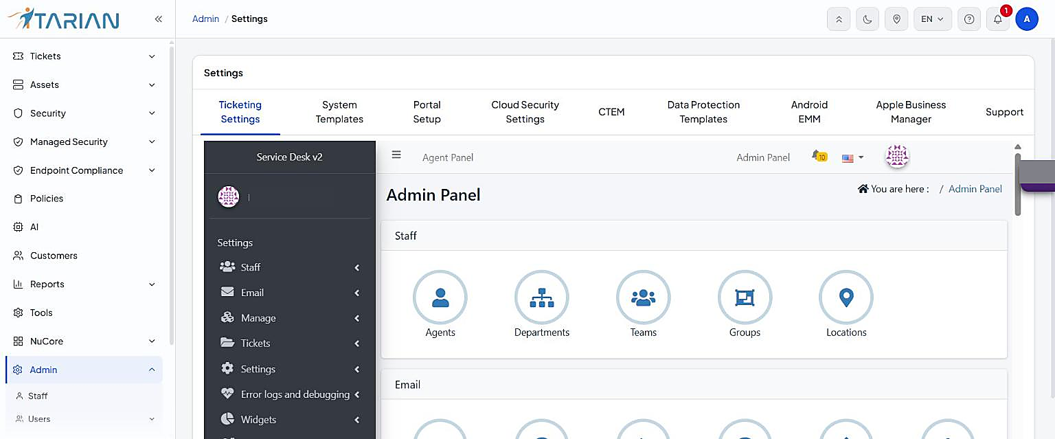 Admin Settings, Ticketing Settings tab showing the Admin Panel