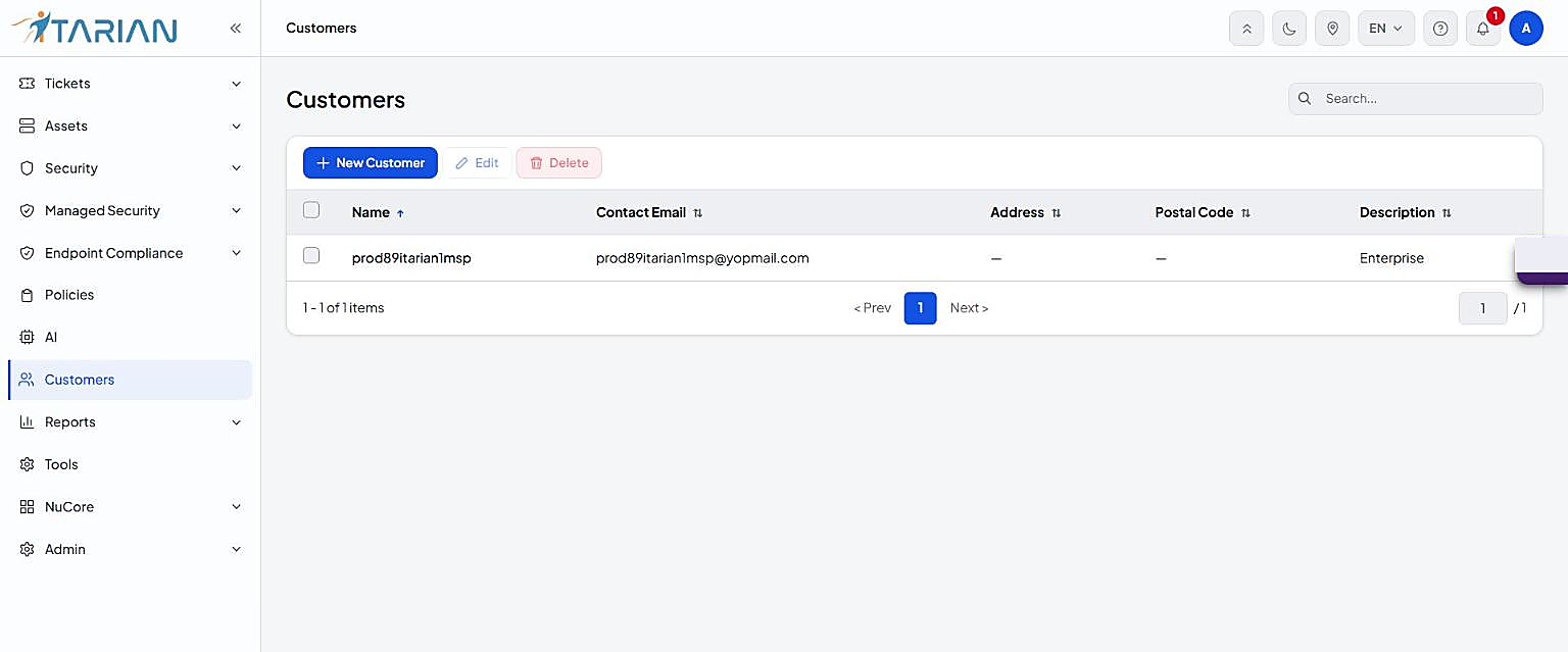 Customers list with New Customer, Edit and Delete buttons