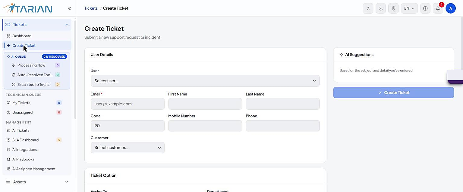 Create Ticket form with User Details and AI Suggestions