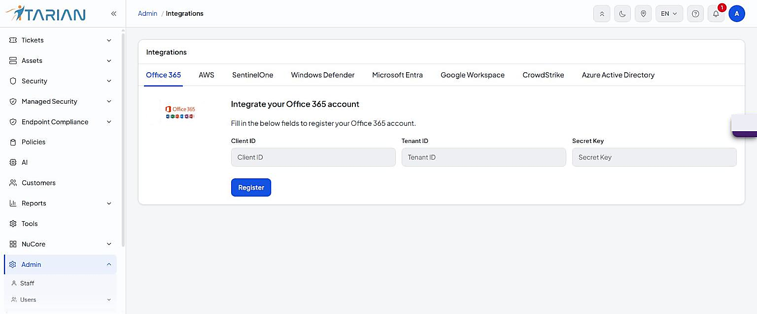 Admin Integrations page on the Office 365 tab